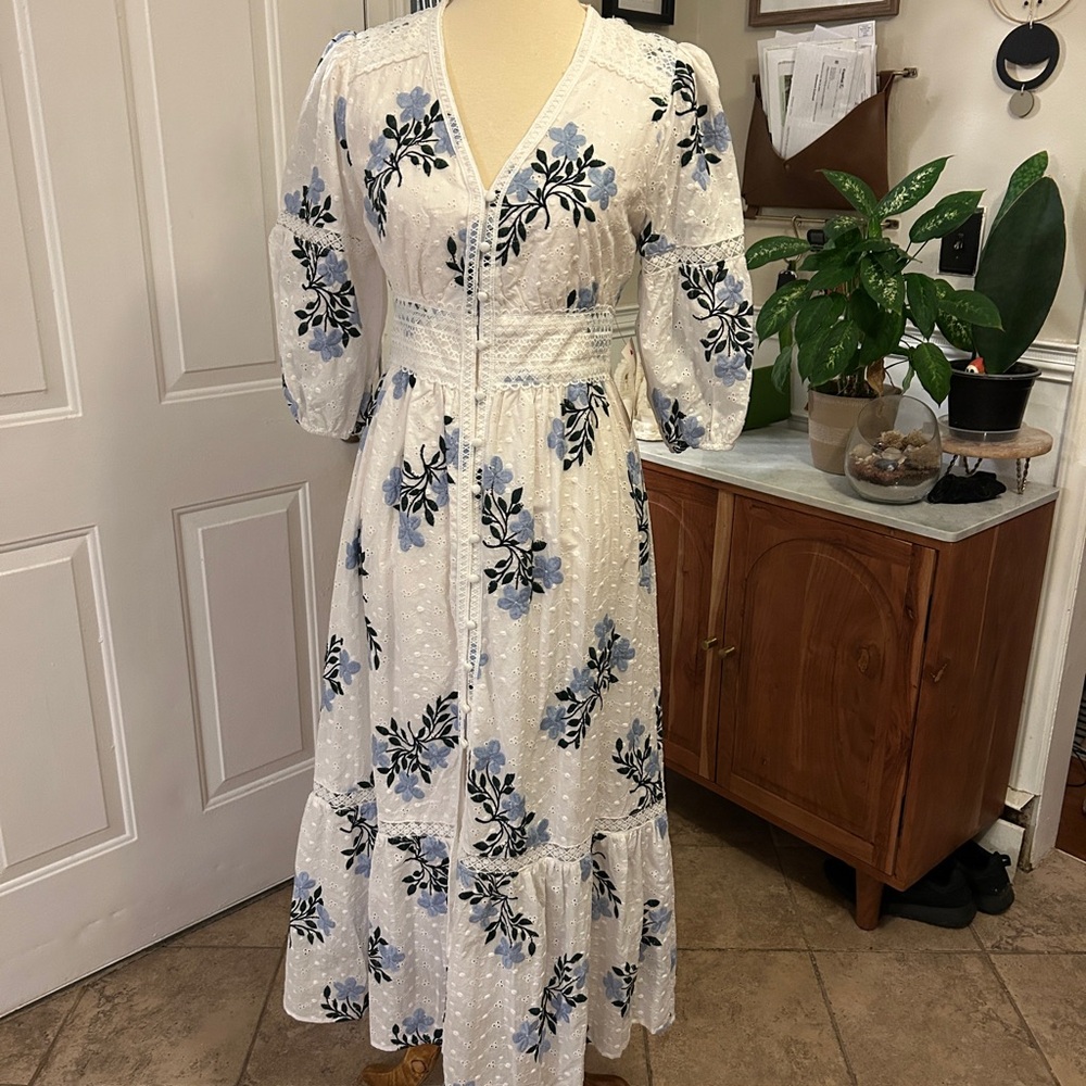 Bohme White Dress with Blue Floral Embroidery
